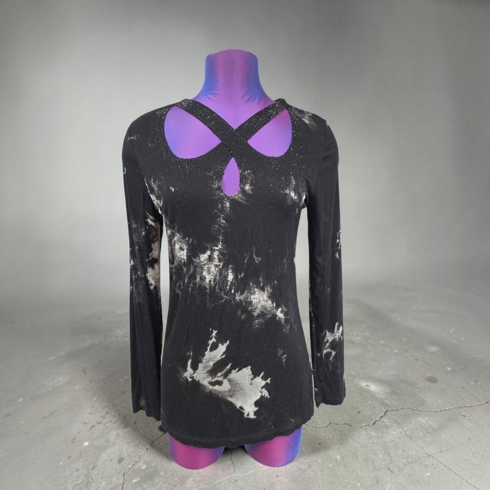 Vocal Black Bleach Wash Tie Dye Rhinestone Criss Cross Keyhole Top Medium Y2K
